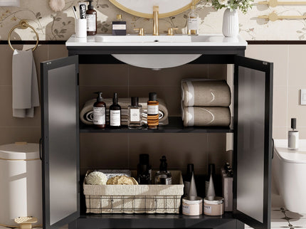 Modern Bathroom Vanity With Ceramic Sink, Tempered Blurred Glass Doors