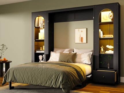 French Style Murphy Platform Bed With Shelf, Side Cabinets, Drawers And LED