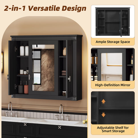 Wall Mounted Bathroom Cabinet With Mirror And 5 Shelves, Rectangular Design