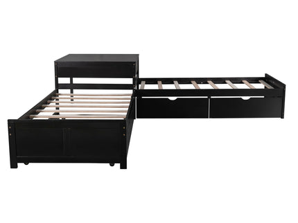 L Shaped Platform Bed With Trundle And Drawers Linked With Built In Desk