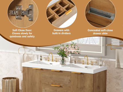 Double Sink Bathroom Vanity Soft Close Doors, Divided Drawers, Wall Mounted - Wood