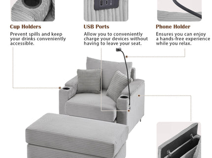 Modern Style Loveseat Sofa Sectional Sofa Couch With Storage Space, A Movable Ottoman, Two USB Ports, Two Cup Holders, A Phone Holder For Living Room