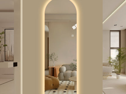 LED Full Length Wall Mirror With Symmetrical Arch Design, Dimmable 3 Color Temperature Lighting - Silver
