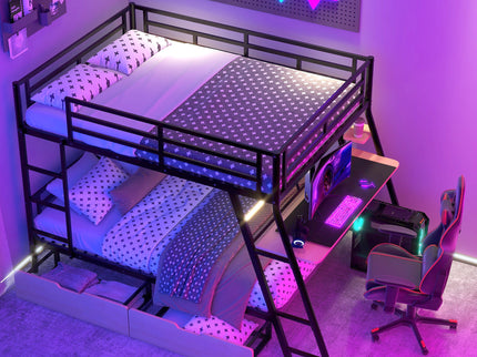 Full Size Bunk Bed With Built In Desk, Light, And 2 Drawers - Black