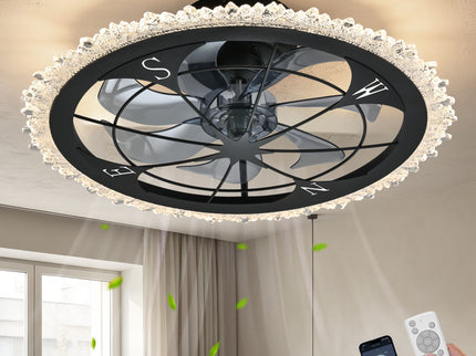 21" Caged Ceiling Fan With Dimmable LED Light And Remote Control, Low Profile Flush Mount Fan - Matte Black