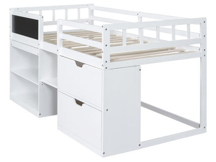 Low Loft Bed With Rolling Desk, Shelf And Drawers
