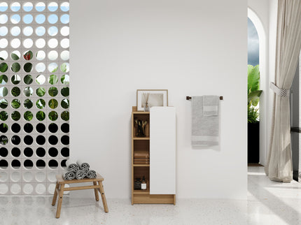 Freestanding Bathroom Side Cabinet, Narrow Storage Cabinet With Single Door & 3 Tier Open Shelves - Black / Light Oak / White