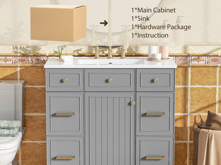 Bathroom Vanity With Ceramic Sink, Soft Close Doors, Adjustable Shelves