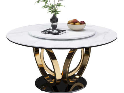 Round Dining Table With 360° Smooth Lazy Susan For Dining Room - Gold / Black / White