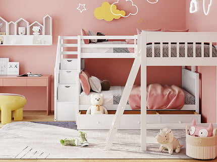Solid L Shaped Bunk Bed With 3 Drawers, Ladder And Staircase