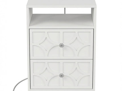 Nightstand With Diamond Carvings Handles, 2 Drawers & Charging Station