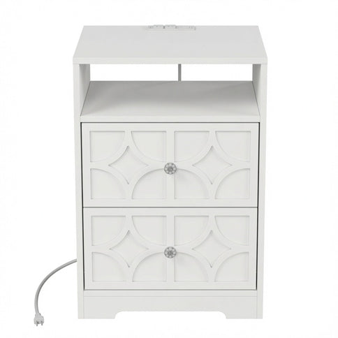 Nightstand With Diamond Carvings Handles, 2 Drawers & Charging Station