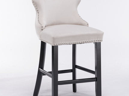 Contemporary Upholstered Wing-Back Barstools With Button Tufted Decoration And Wooden Legs, And Nailhead Trim, Leisure Style Bar Chairs, Bar Stools (Set of 2)