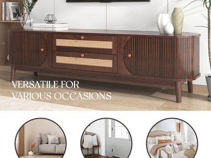TV Stand For TVs Up To 75'', Cabinet With Drawers And Sliding Doors, Living Room Entertainment Console - Natural Wood / Brown