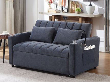 Convertible Sofa Bed Loveseat Sofa With Three USB Ports, Two Side Pockets, Two Cup Holders And 360° swivel Phone Holder For Living Room