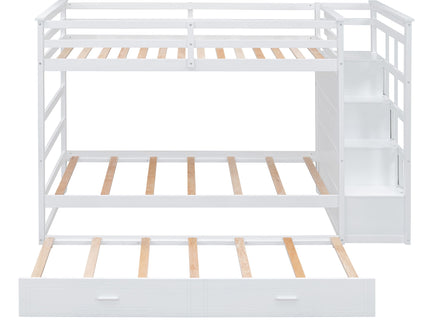 Twin Over Twin Bunk Bed With Trundle And Staircase - White