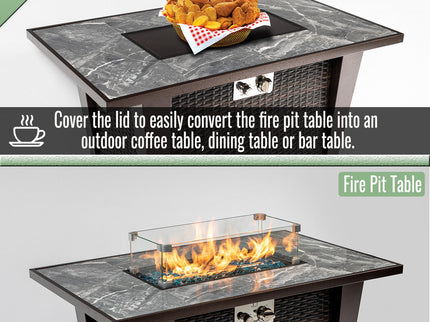 Fire Pit Table, Glass Wind Guard And Rain Cover, Lid - Brown