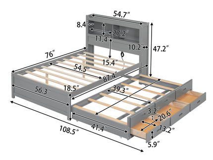 Full Size Platform Bed With Trundle, Drawers, USB Ports And Built In Shelves - Gray