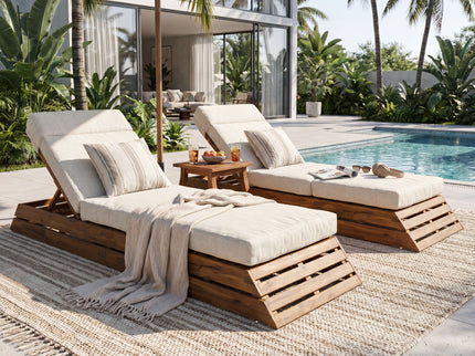 Chaise Lounge Set With 4 Fold Cushion And Built In Headrest, 3 Position Adjustable Backrest, For Patio - Beige / Teak