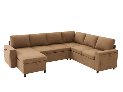 U - Shaped Convertible Sectional Sofa Bed With Storage, USB Charger & Cup Holders