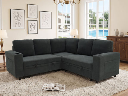 Upholstered L - Shape Sectional Sofa Bed With Pull Out Sleeper And Storage