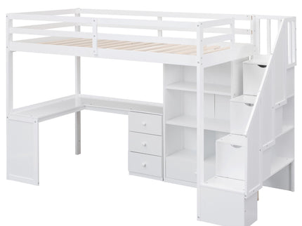 Loft Bed With L Shaped Desk, Drawers, Cabinet, And Storage Staircase