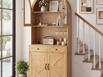 Tall Arched Pantry Cabinet With Charging Station, Adjustable Shelves, Coffee Bar