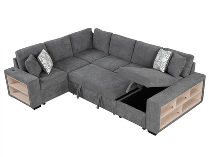 U-Shaped Sectional Sofa Pull-Out Sofa Bed With Two USB Ports, A Storage Chaise Lounge And Four Back Pillows For Living Room
