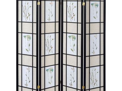 4 Panel Folding Screen With Floral Motif - Black