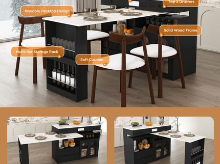 Retro Kitchen Island Set With Chairs, Extendable & Rotating Table, 4 Drawers & Door Cabinets