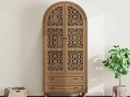 Tall Kitchen Pantry Cabinet With Hollow Carved Doors 2 Drawers And Adjustable Shelves Storage Display Cabinet For Kitchen Dining Room Or Living Room - Walnut