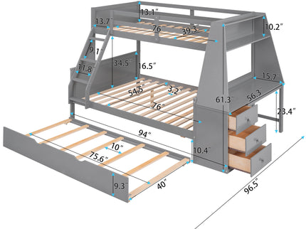 Bunk Bed With Trundle And Built In Desk, 3 Storage Drawers And Shelf