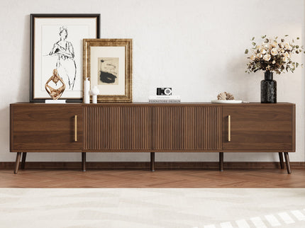 TV Stand For TVs Up To 85" With Fluted Door, Cable Management, Soft-Closing Hinges - Walnut