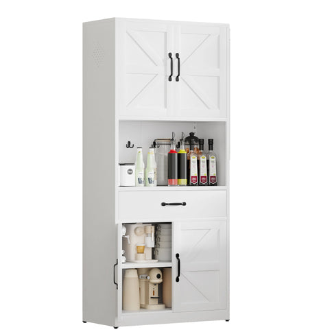 Kitchen Pantry Cabinet With Adjustable Shelves, Drawers, Hooks And Large Countertop - White