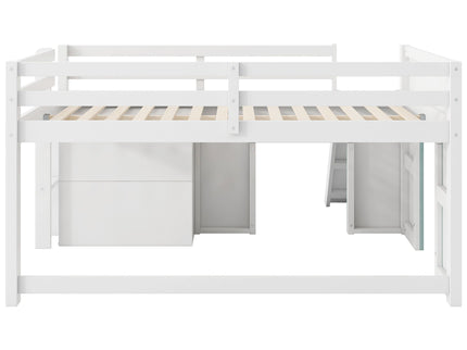 Modern Low Loft Bed With Slide, 3 Storage Drawers, And 2 Doors