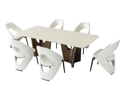 Dining Table Set With Upholstery - Ancient White / Antique Bronze / Beige