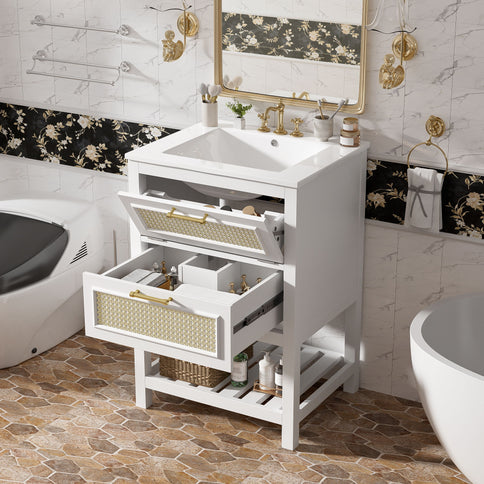 Modern Bathroom Vanity With Integrated Sink, Cabinet With 1 Deep Drawer And 1 Tip-Out Drawer