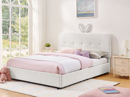 Upholstered Bed With Oversized Rabbit Ear Headboard, LED Lights & 4 Storage Drawers