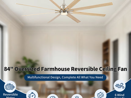 Oversized Large Ceiling Fan With Dimmable LED Light, 8 Blades, Remote Control