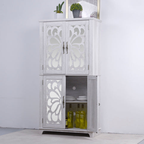 Modern Sideboard Buffet With 4 Mirrored Doors, Adjustable Shelves