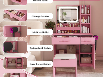 Vanity Desk With LED Mirror Lights And Power Outlet Charging Station, 3 Drawers, 7 Shelves, Storage Stool - Pink