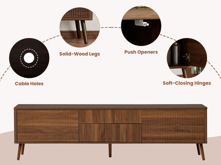 Fluted TV Stand With Storage Drawers And Cabinets For TVs Up To 80", Soft-Close Hinges, Cable Management - Walnut