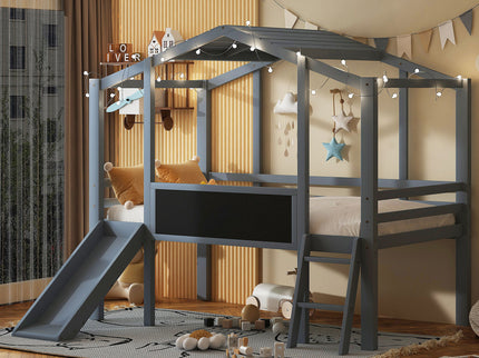 Loft House Bed With Ladder And Slide, With board And Light Strip On The Roof