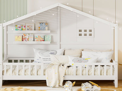 House Bed With Shelves, Window And Sparkling Light Strip On The Roof