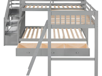 Solid L Shaped Bunk Bed With 3 Drawers, Ladder And Staircase