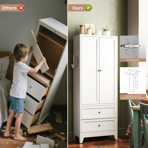 Pantry Cabinet With 2 Drawers, Freestanding Kitchen Storage Cabinet With Adjustable Shelves, Heavy-Duty Organizer For Spices, Dishware, Small Appliances - White