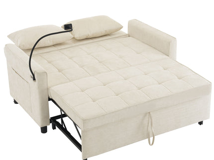 Pull-Out Sleeper Sofa With Reversible Backrest Cushion, Side Pockets, 2 USB Ports And A Phone Holder For Living Room