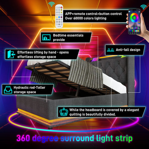 Upholstered Bed, 360 Surround LED Function, Remote Control, Hydraulic Storage Bed With USB, Type-C Charging (Without Mattress)