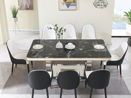 Luxury Modern Dining Table With Faux Marble Top And Dual Circle Base - Black
