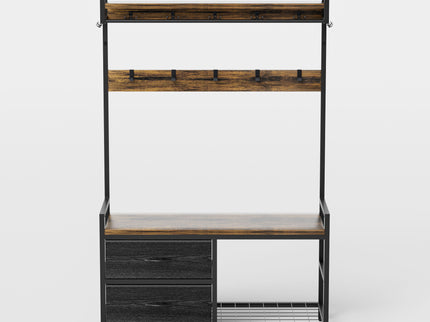 Hall Tree With 2 Movable Drawers, Shoe Storage, Shelves, Garment Racks, And 23 Hooks For Entryway - Rustic Brown